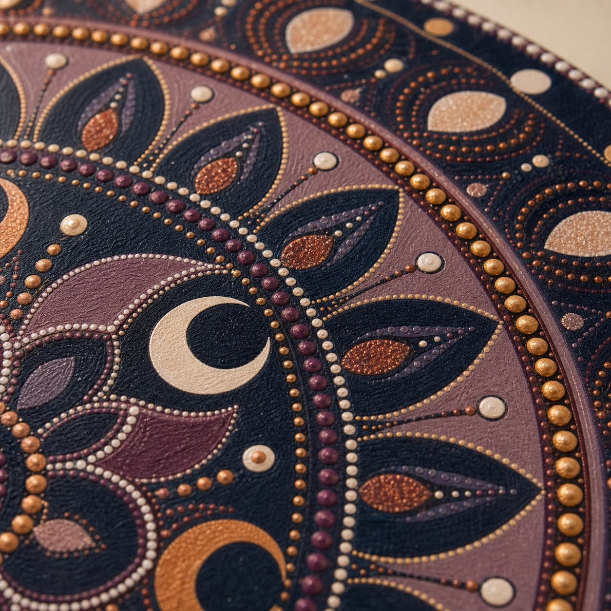Detalle del relieve cobre y berenjena de Luna de Cobre