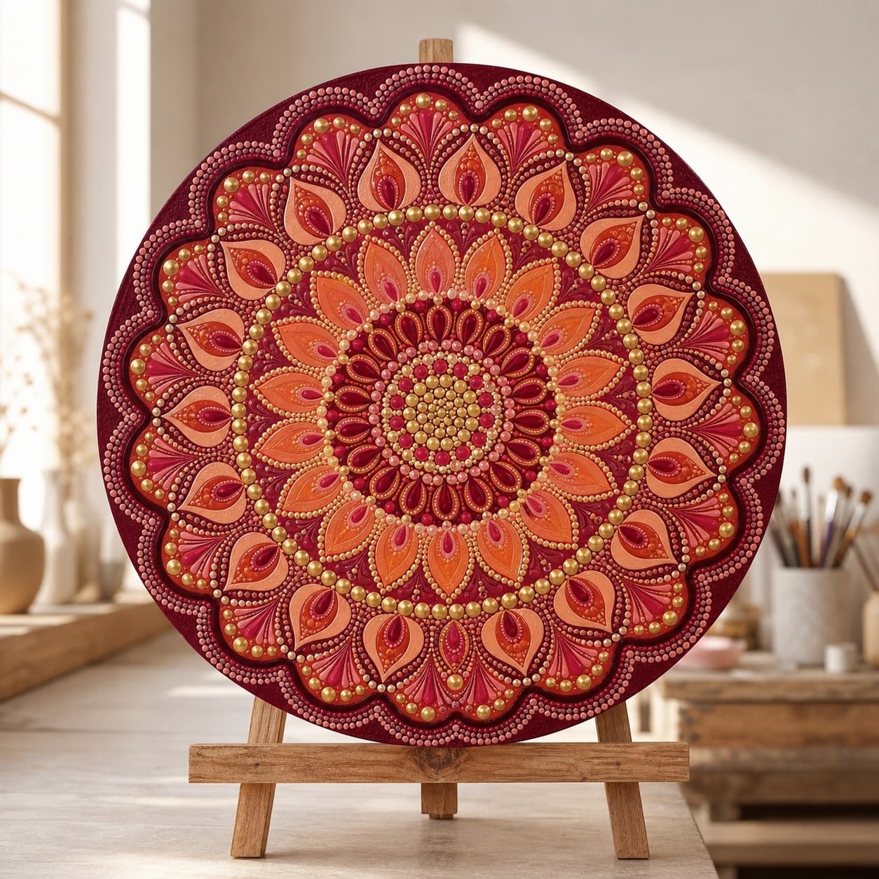 Mandala circular Sol de Granada completo en el taller